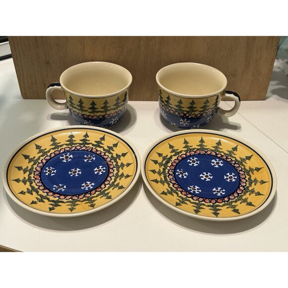 2 Boleslawiec polish Art pottery  Tea Coffee Cup Mug Christmas  Tree Snow Flake - Picture 3 of 4